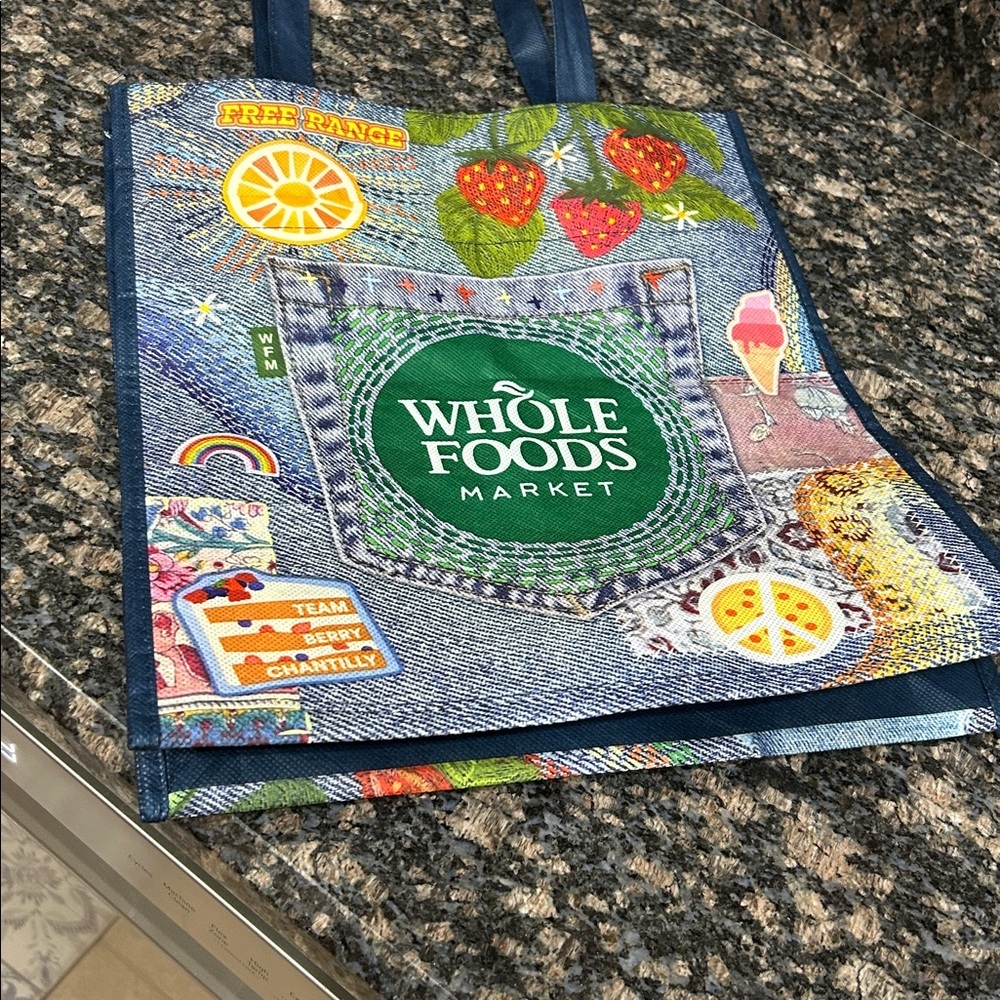 Whole Foods Market reusable shopping bag a denim jeans print-patches and pockets - Picture 2 of 5